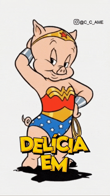 a cartoon pig dressed as wonder woman with the words delicia em below it