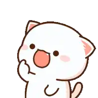 a white cat with a pink ear is covering its mouth with its hand .