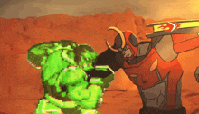 a cartoon drawing of a robot fighting a green monster with the letter x on it