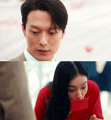 a man in a suit looks at a woman in a red sweater holding a red envelope