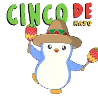 a penguin is wearing a sombrero and holding maracas with the words cinco de mayo above it