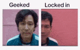 two pictures of a man 's face , one of which is geeked and the other is locked in .