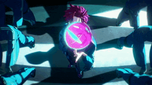 a person with purple hair is holding a purple ball in their hand