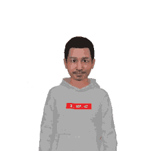 a man wearing a grey sweatshirt with a red box that says a.w.e.