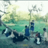 a group of children are playing in a park with the word um on the bottom right corner .