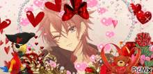 a picture of a boy surrounded by hearts and a teddy bear that says " i love you "