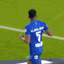a soccer player wearing a blue shirt with the number 5 on it