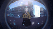 a girl is holding sunflowers in front of a building