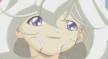 a cartoon girl with white hair and purple eyes