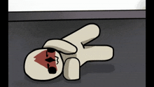 a cartoon character is laying on its back with a red arrow pointing to its face