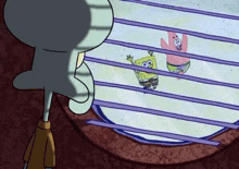 squidward and patrick are looking out a window at spongebob and patrick .