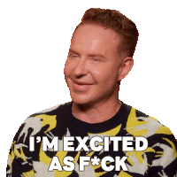 a man in a yellow and black sweater says i 'm excited asf * ck