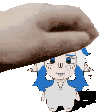 a hand is holding a cartoon character with blue hair