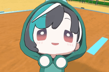 a cartoon character wearing a green hoodie with circles on the hood