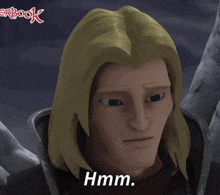 a cartoon character says " hmm " in front of a book logo