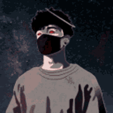 a man wearing a mask with red eyes is standing in front of a galaxy .