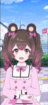 a girl in a pink dress has a teddy bear headband