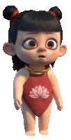 a cartoon baby girl is wearing a red swimsuit with a lotus flower on the front .