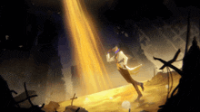 a painting of a person standing in a dark room with a light coming out of the ceiling