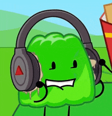 a green cartoon character wearing headphones with a microphone .