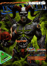 a poster for insanity shows a demon with horns and skulls