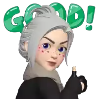 a cartoon girl giving a thumbs up with the word good in the background