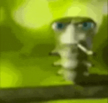 a close up of a cartoon character 's face with a cigarette in his mouth .