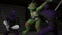 a group of teenage mutant ninja turtles are fighting each other with swords .