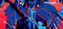 a man in a suit and tie is standing in front of a red and blue background with a skull .