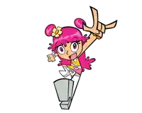 a cartoon character with pink hair and a flower in her hair is making a peace sign