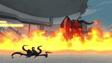a cartoon drawing of a dragon surrounded by fire
