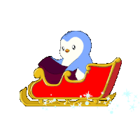 a penguin is sitting in a sleigh with the words merry christmas written below it