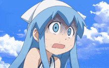 a girl with blue hair has a surprised look on her face against a blue sky