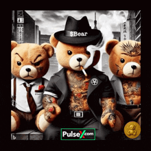 a group of teddy bears are standing next to each other and one bear is wearing a $ bear hat