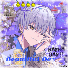 a picture of a boy with a purple background and the words beautiful day