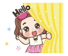 a cartoon girl says hello behind a curtain