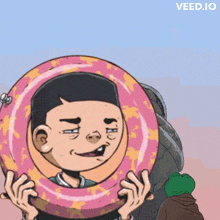 a cartoon of a man holding a pink ring in front of his face and the words veed.io below him