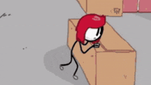 a cartoon character with red hair is standing next to a box .