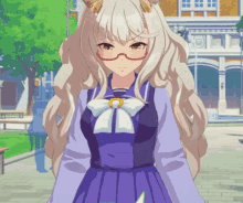 a girl with glasses and a bow on her dress