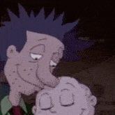 a cartoon character with purple hair is kissing a baby