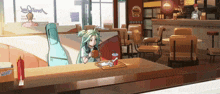 a girl is sitting at a table in a diner holding a burger