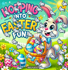 a bunny holding a basket full of easter eggs surrounded by sheep