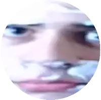 a close up of a person 's face in a circle with a white background