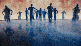 a group of people are standing in a foggy room