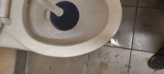 a toilet with a blue plunger in it and a person standing next to it .