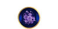 a painting of purple roses and butterflies in a gold circle