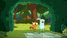 a cartoon of a cat and a rabbit standing next to each other in a forest