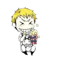 a cartoon boy is eating popcorn and smiling .
