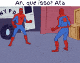 a cartoon of spider man pointing at another spider man