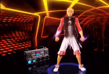 a man is dancing in front of a boombox that says ' reggae ' on it